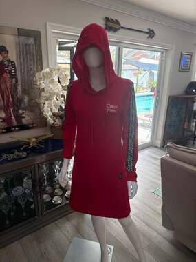 Calvin Klein Women's Red Hooded Mini Sweatshirt Dress with Logo Taping S
